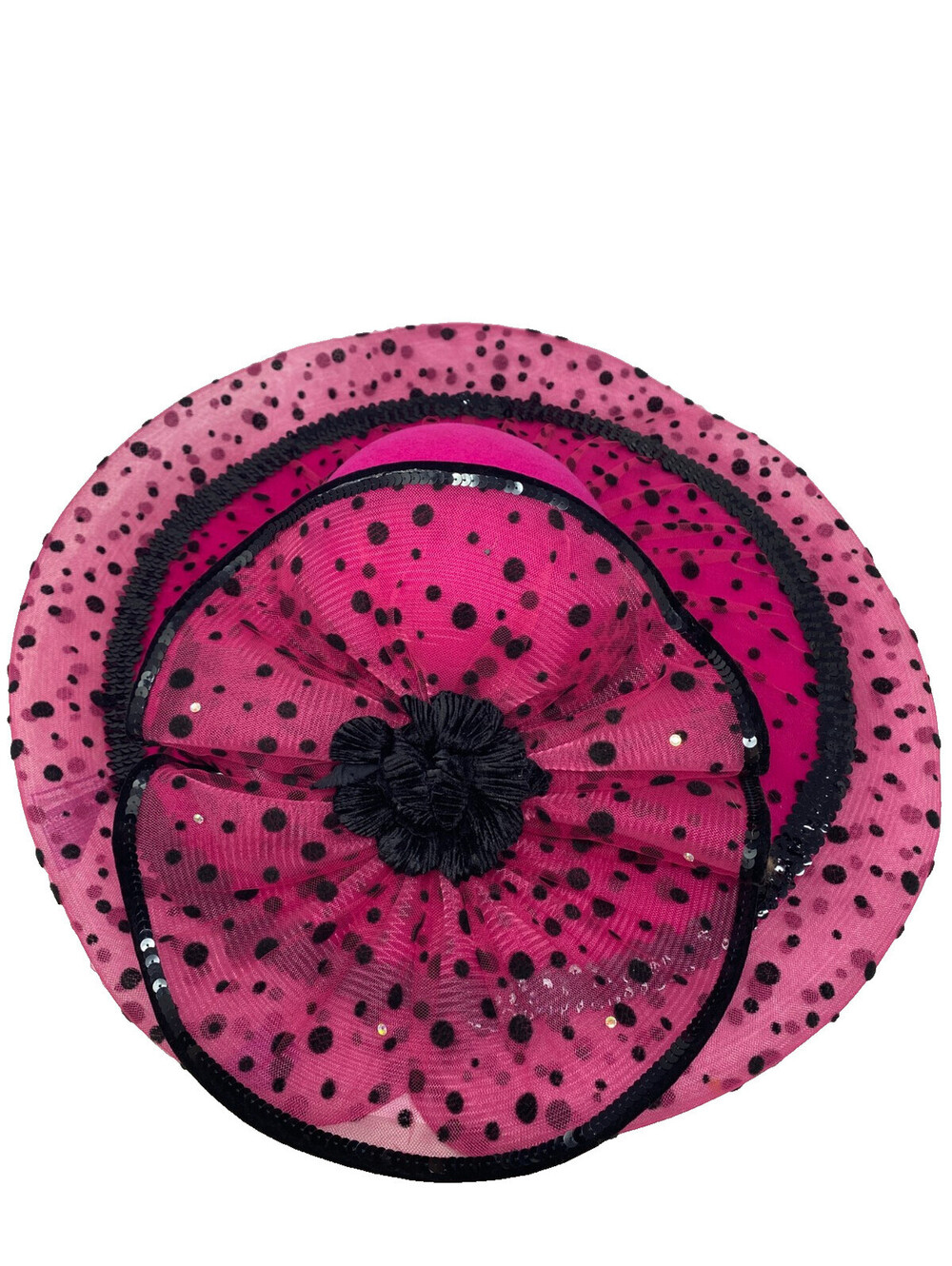 Ms Divine Fuchsia Pink Wool Church Hat Wide Brim Black Polka Dot Sequin Derby